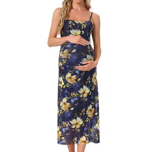 Maternity Mesh Ruched Side Bodycon Spaghetti Strap Dresses Deep Blue